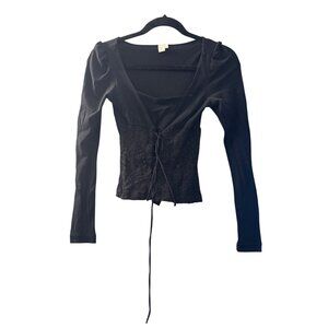 Black Floral Lace Corset-Style Long Sleeve Top With Adjustable Tie Closure